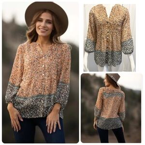 Anthropologie Fig and Flower Boho Sheer Balloon Sleeve Floral Blouse Size Medium